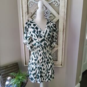 Macaron Women's Surplice Woven Smocked Waist Ruffle Mini Dress in Green Leopard